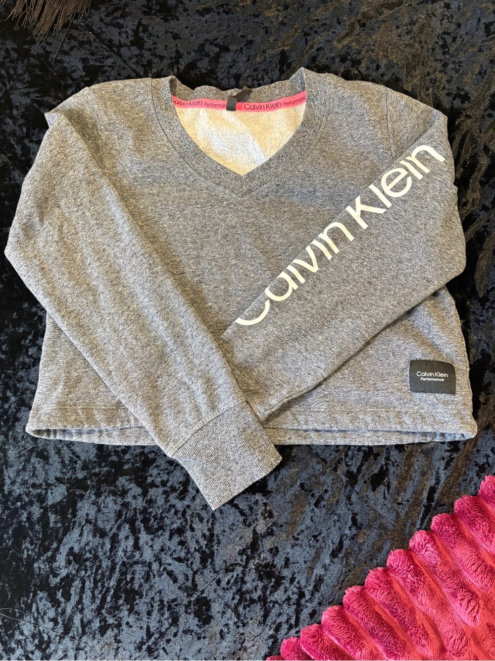 Calvin Klein Gray V‑Neck Logo Cropped Sweater